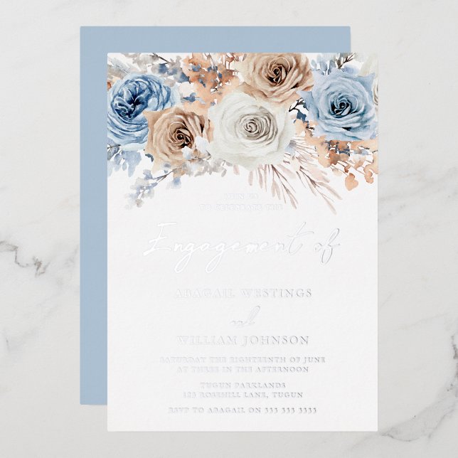 Invitación Con Relieve Metalizado Partido de compromiso floral azul Boho Silver (Anverso/Reverso)