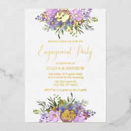 Invitación Con Relieve Metalizado Partido de compromiso floral morado y verde