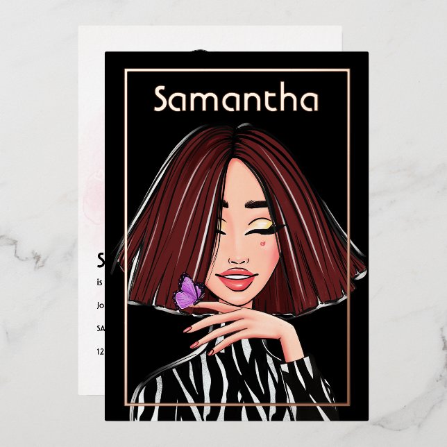 Invitación Con Relieve Metalizado Partido de Cumpleaños del Chica Brown Haired (Anverso/Reverso)