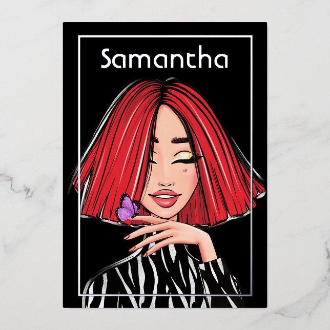 Invitación Con Relieve Metalizado Partido de Cumpleaños del Chica Red Haired (Anverso)