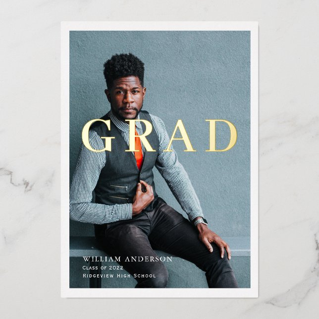 Invitación Con Relieve Metalizado Partido de Graduación Azul de la Marina de Fotogra (Anverso)