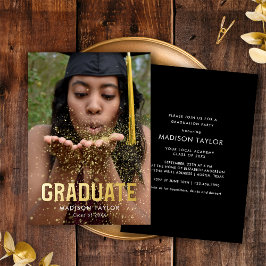 Invitación Con Relieve Metalizado Partido de Graduación de Foto de moda Negra y Reli