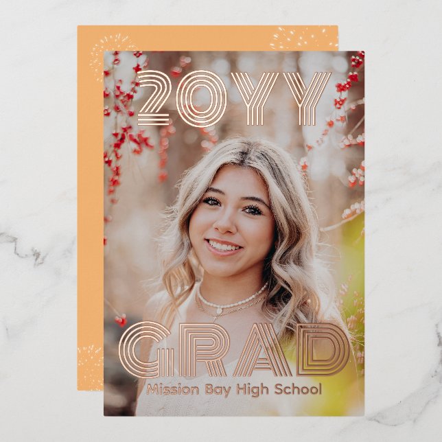 Invitación Con Relieve Metalizado Partido de graduación de fotos de moda (Anverso/Reverso)