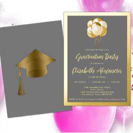 Invitación Con Relieve Metalizado Partido de Graduación de Globos de Oro