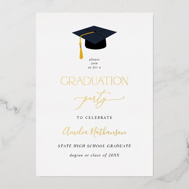 Invitación Con Relieve Metalizado Partido de Graduación de Gorra de Graduación (Anverso)
