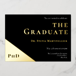 Invitación Con Relieve Metalizado Partido de Graduación de Graduación de PhD Negro d