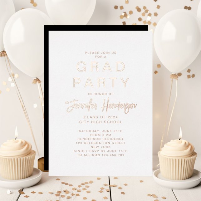 Invitación Con Relieve Metalizado Partido de Graduación de Guión Dorado Rosa Clásico (Classic Rose Gold Script Graduation Party Foil Invitation)