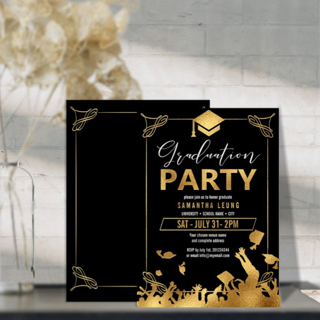 Invitación Con Relieve Metalizado Partido de Graduación de Mortarboard Gold/Black ID (Subido por el creador)