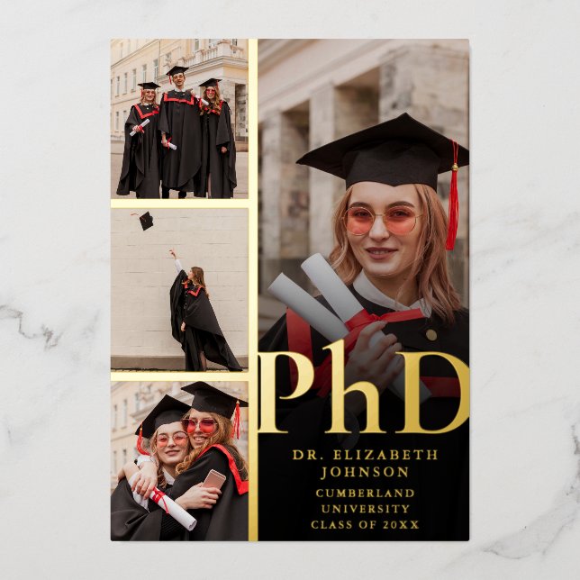 Invitación Con Relieve Metalizado Partido De Graduación De PhD De Collage de fotos N (Anverso)