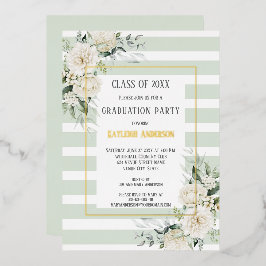 Invitación Con Relieve Metalizado Partido de Graduación del Eucalipto Floral Blanco