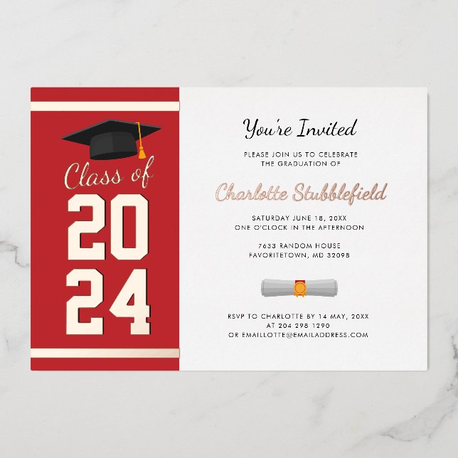 Invitación Con Relieve Metalizado Partido de Graduación Red Script Grad 2025 Rosa Go (Anverso)