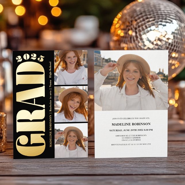 Invitación Con Relieve Metalizado Partido de Graduación Retro Bold Gold 2025 4 Foto (Retro Bold Gold 2025 Graduation Party 4 Photo Foil Invitation)