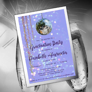 Invitación Con Relieve Metalizado Partido de Graduación Silver Disco Ball y Streamer