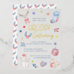 Invitación Con Relieve Metalizado Partido de vacaciones de guiones de color de agua<br><div class="desc">Un Relieve metalizado de oro muy bien hecho invita a una fiesta familiar de vacaciones con Navidades caprichosos, pinturas acuarelas y caligrafía escrita a mano. La parte posterior muestra un patrón acuarela de vacaciones de invierno. Texto de personalizable completo: utilice la herramienta de diseño en "personalizar más adelante" para cambiar...</div>