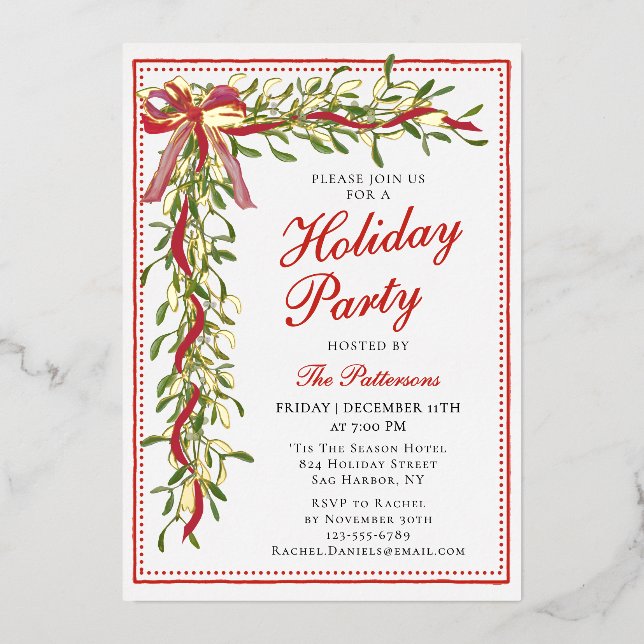 Invitación Con Relieve Metalizado Partido de vacaciones Mistletoe Bow Fiesta de Navi (Anverso)