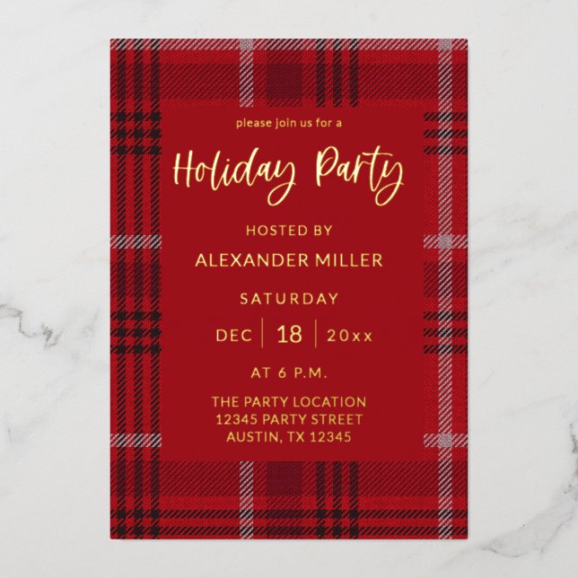 Invitación Con Relieve Metalizado Partido Flannel de Red Plaid (Anverso)