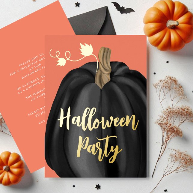 Invitación Con Relieve Metalizado Partido Halloween de la Calabaza con Guión Dorado  (Orange Gold Script Pumpkin Halloween Party Foil Invitation)