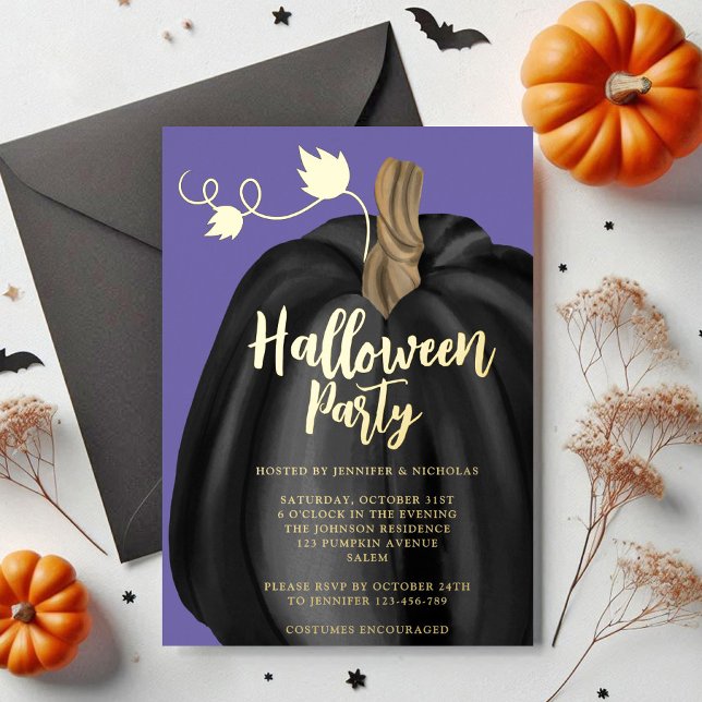 Invitación Con Relieve Metalizado Partido Halloween de la Calabaza de Oro Morado (Cute Purple Gold Pumpkin Halloween Party Foil Invitation)