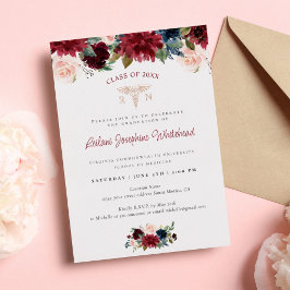 Invitación Con Relieve Metalizado Partido Médico Marsala de Graduación Floral de Bor