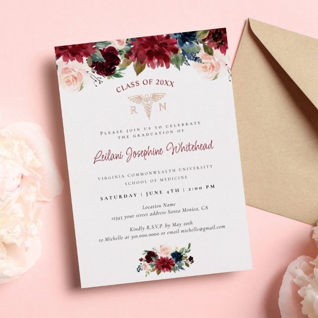 Invitación Con Relieve Metalizado Partido Médico Marsala de Graduación Floral de Bor (Subido por el creador)