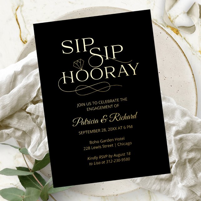 Invitación Con Relieve Metalizado Partido Sip Sip Hooray Engagement (Subido por el creador)