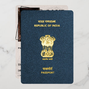 Invitación Con Relieve Metalizado Pasaporte Azul Marino India Save The Date