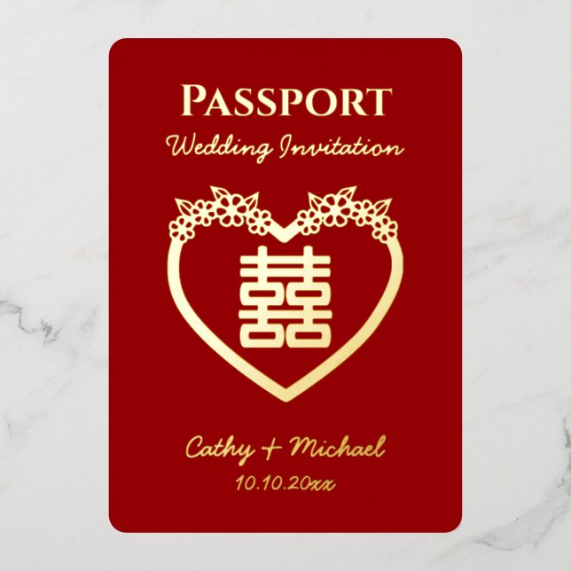 Invitación Con Relieve Metalizado Pasaporte chino de destino rojo (Anverso)