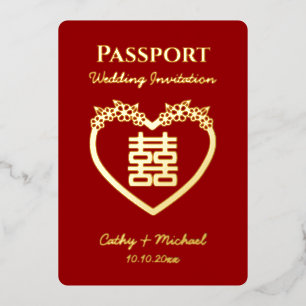 Invitación Con Relieve Metalizado Pasaporte de boda china destino rojo