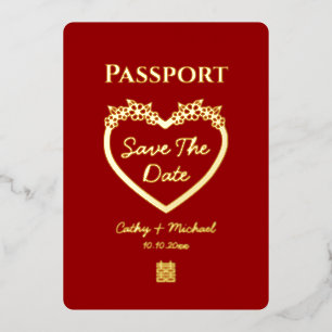 Invitación Con Relieve Metalizado Pasaporte de boda chino rojo para guardar la fecha