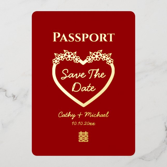 Invitación Con Relieve Metalizado Pasaporte de boda chino rojo para guardar la fecha (Anverso)