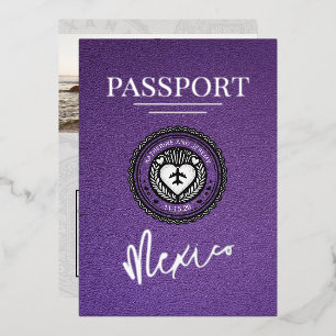 Invitación Con Relieve Metalizado Pasaporte de Boda México Morado
