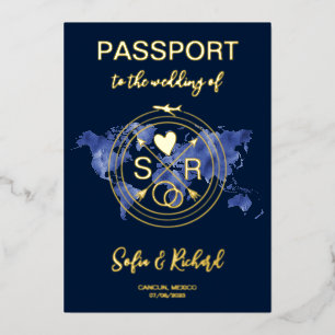Invitación Con Relieve Metalizado Pasaporte de destino de boda Mapa del mundo en oro