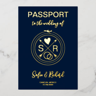 Invitación Con Relieve Metalizado Pasaporte de destino de boda Mapa del mundo en oro