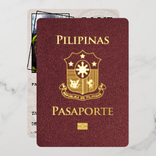 Invitación Con Relieve Metalizado Pasaporte de Filipinas Borgoña Save The Date