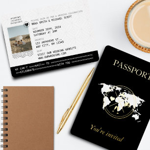 Invitación Con Relieve Metalizado Pasaporte de viaje dorado y negro Foto de boda úni