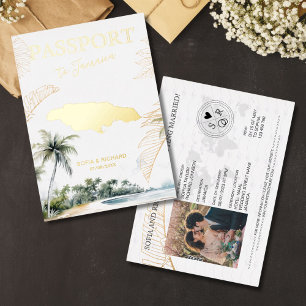 Invitación Con Relieve Metalizado Pasaporte Dorado para Boda en Jamaica