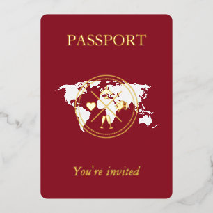 Invitación Con Relieve Metalizado Pasaporte Rojo Burgundy y Dorado Foto Única de Bod