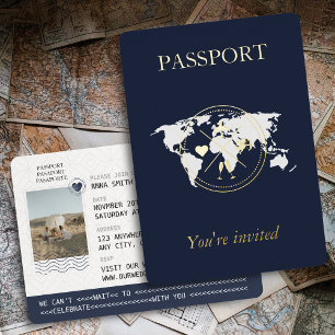 Invitación Con Relieve Metalizado Pasaporte Única Boda Foto en Oro y Azul Marino