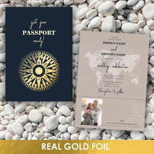 Invitación Con Relieve Metalizado Pase de bodas con brújula de pan de oro real 