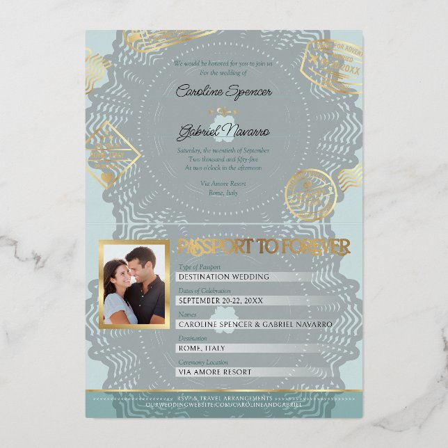 Invitación Con Relieve Metalizado Passport Wedding Foil Invitation (Reverso )