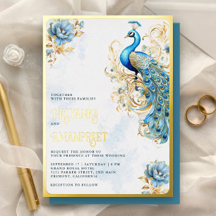 Invitación Con Relieve Metalizado Pastel Azul Floral Indio Peacock Boda Gold