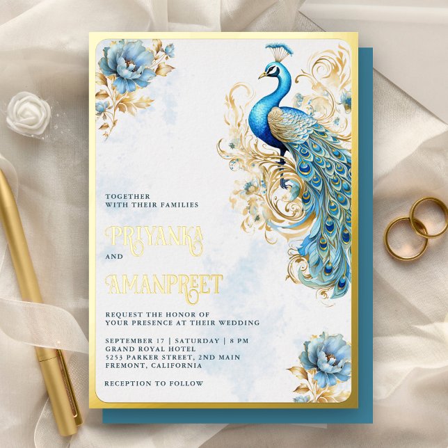 Invitación Con Relieve Metalizado Pastel Azul Floral Indio Peacock Boda Gold (Subido por el creador)