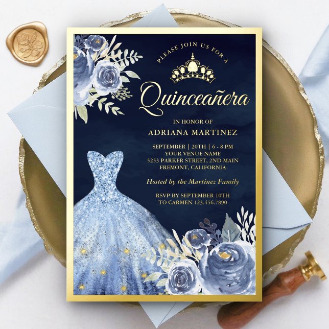 Invitación Con Relieve Metalizado Pastel Azul Floral Nave Naval Quinceanera Gold (Subido por el creador)