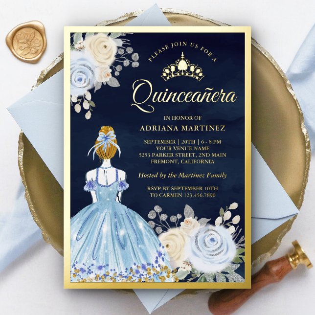 Invitación Con Relieve Metalizado Pastel Azul Floral Vestido Naval Quinceanera Gold (Subido por el creador)
