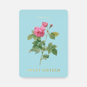 Invitación Con Relieve Metalizado Pastel azul y dorado dulce 16 cumpleaños floral