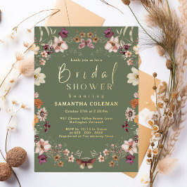 Invitación Con Relieve Metalizado Pastel Boho Flor silvestre Sage Green Bridal Showe