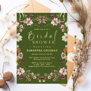 Invitación Con Relieve Metalizado Pastel Boho Flores Silvestres Verde Musgo Despedid