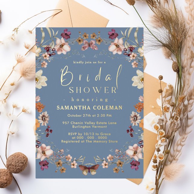 Invitación Con Relieve Metalizado Pastel Boho Wildflower Periwinkle Bridal Shower (Subido por el creador)