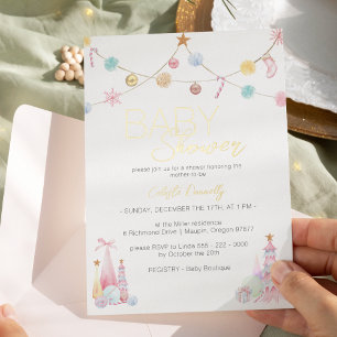 Invitación Con Relieve Metalizado Pastel Fiesta de Bebé Winter Wonderland