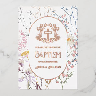 Invitación Con Relieve Metalizado Pastel Flores Silvestres Baptismo Floral